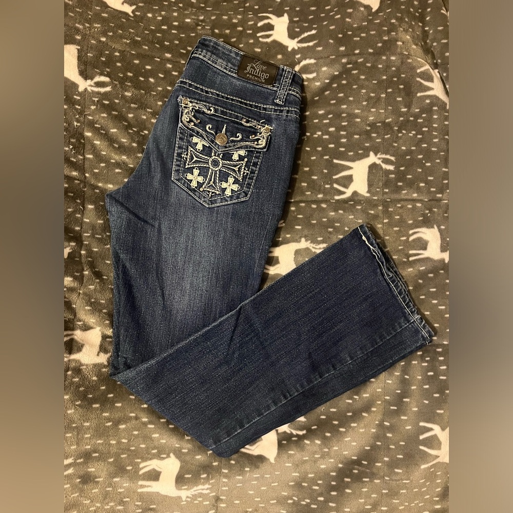 Rhinestone cross bootcut jeans 27 length 32 waist